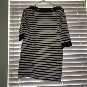 A white dress with blue stripes